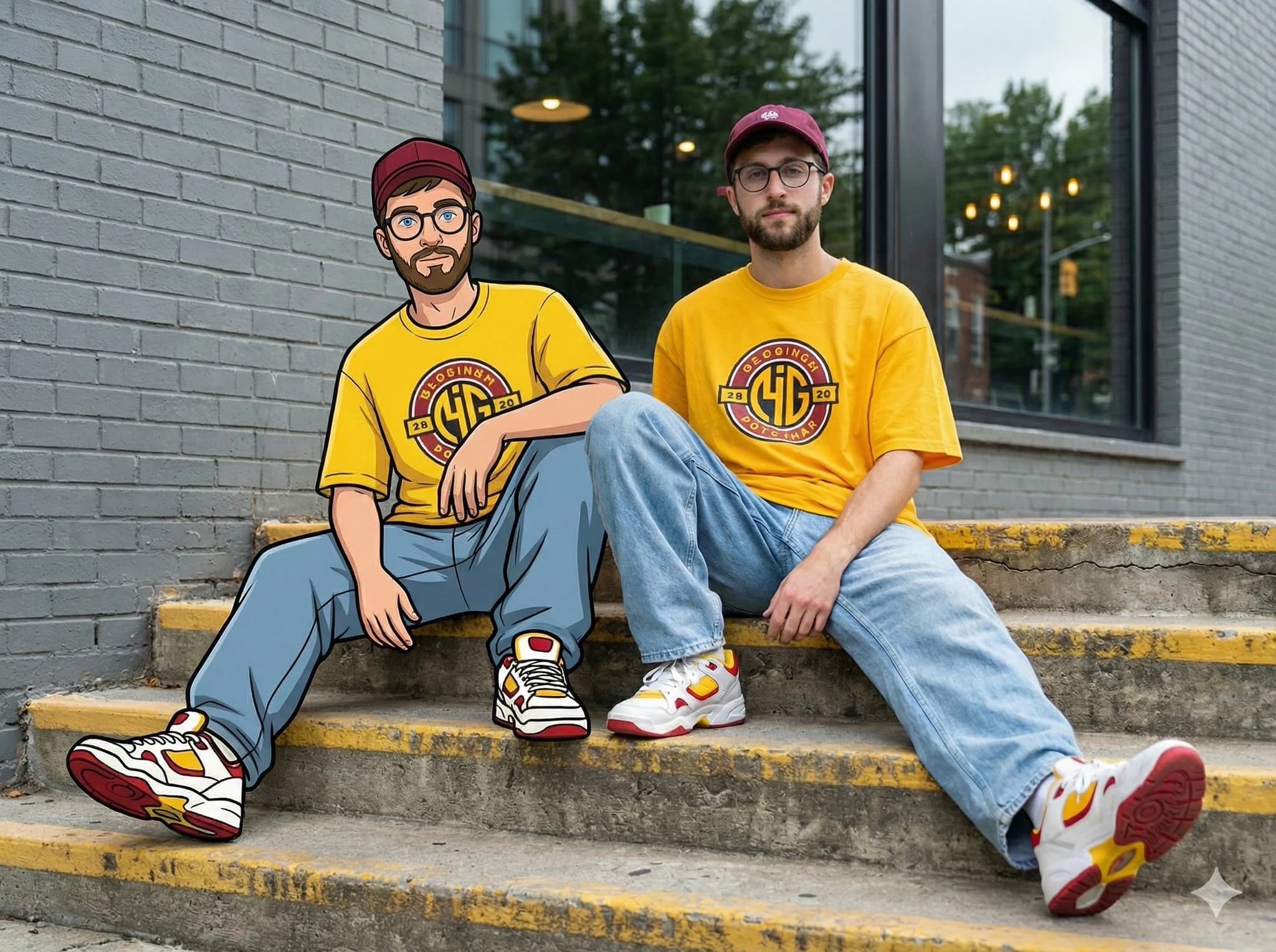 Nano Banana 2.1 mixed-reality street portrait with a real person and his cartoon twin